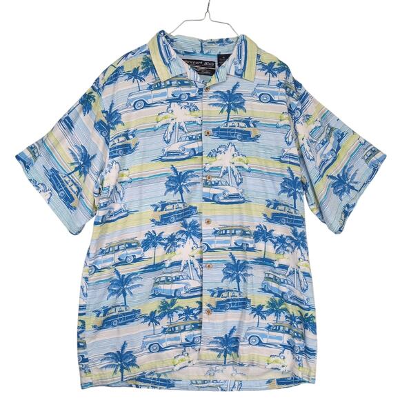 Newport Blue Men's XL Hawaiian Button Up Shirt, Chevrolet Woodie Wagon Tropical - Picture 1 of 6